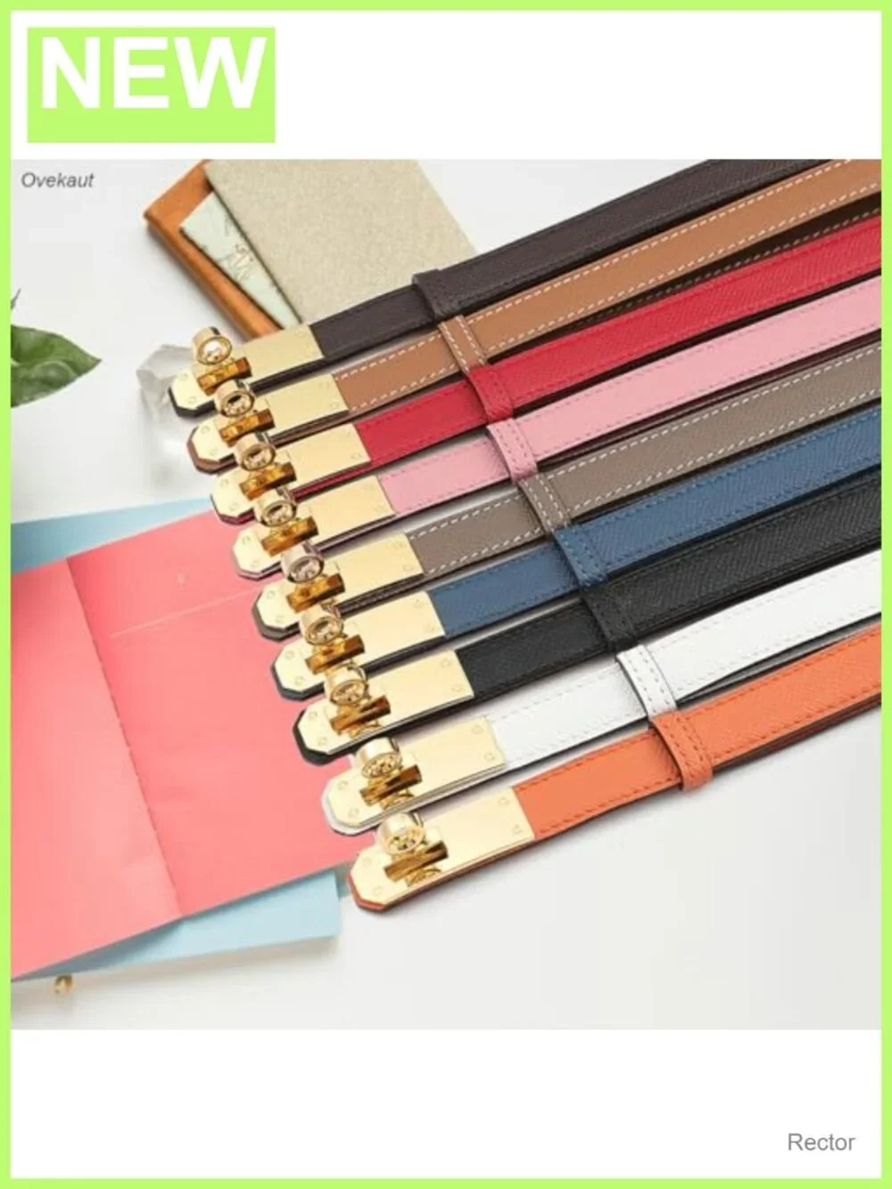 Women's Skinny Leather Belt with Gold Twist Lock Buckle - Adjustable Waistband